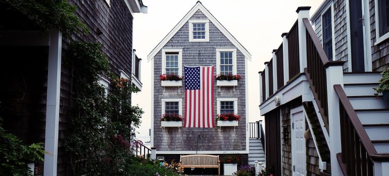 A house with an American flag. 