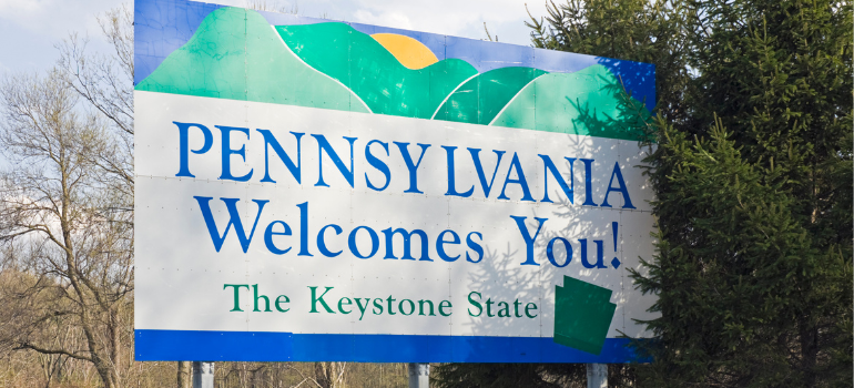 A road sign welcomes you to the state of Pennsylvania