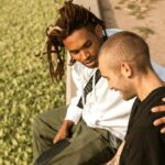 Two friends sitting in a park