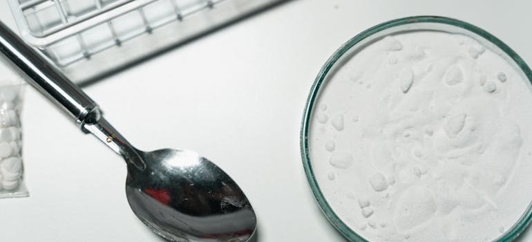 Spoon next to a dish with white powder.