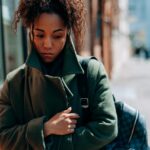 Woman holding her jacket and walking on the street.