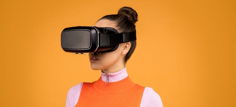 Woman wearing a virtual reality set.