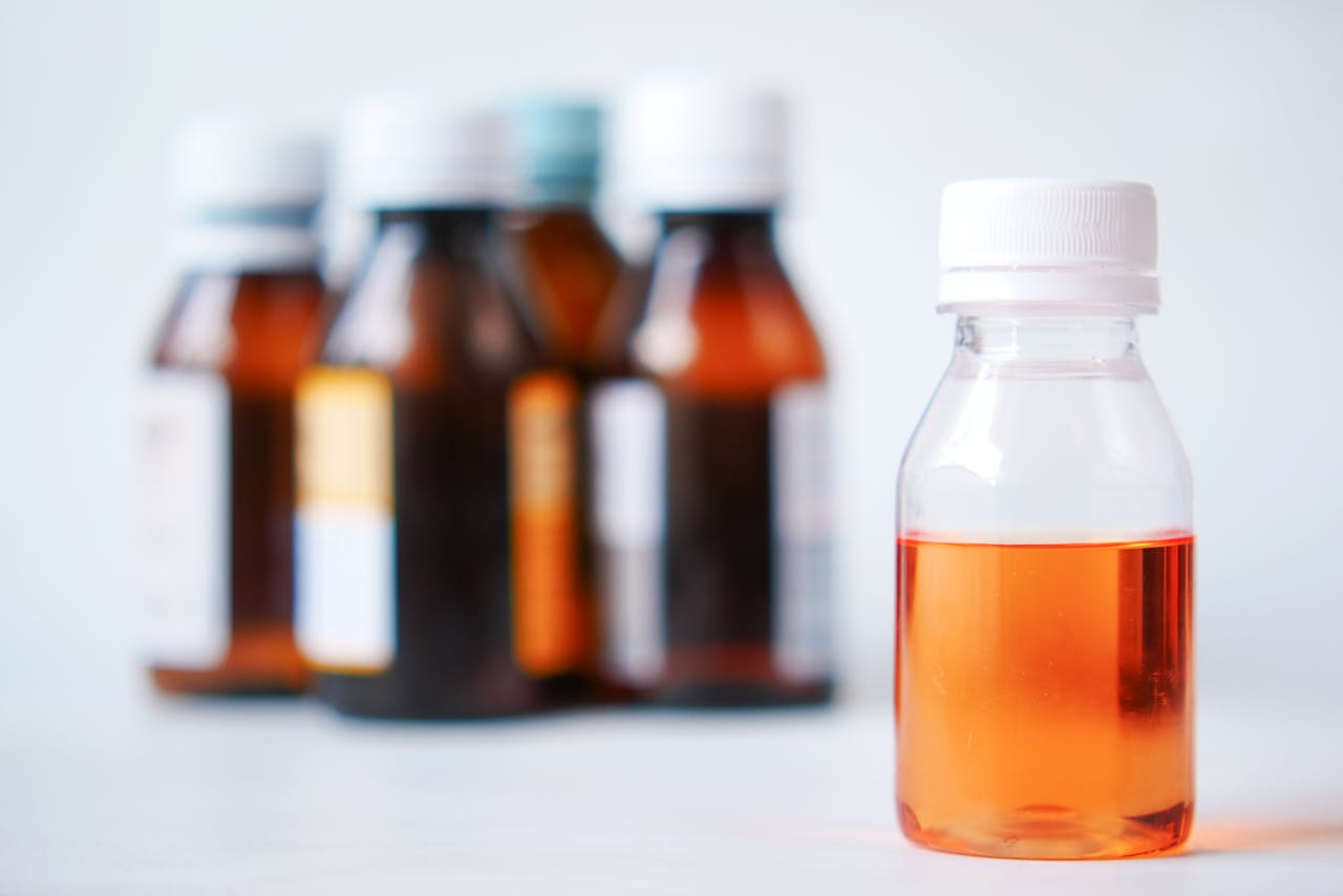 Bottles of cough syrup.