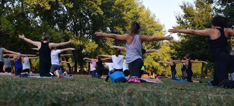 People attending a yoga class.