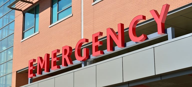 Emergency sign in front of a hospital.