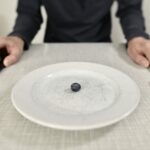 One single blueberry on a plate.