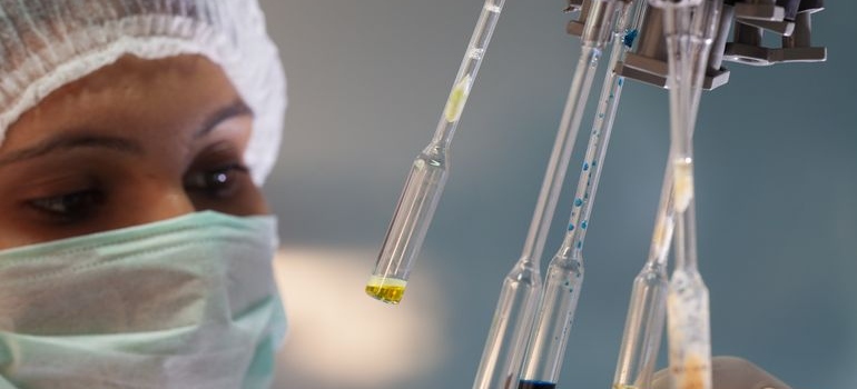 Female laboratory scientist carefully checking test tubes inside laboratory equipment.