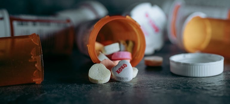 Colorful pills spilling out of a pill bottle.