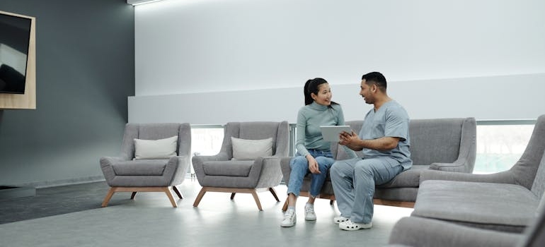 Woman talking with a medical professional in a detox center in Pennsylvania.