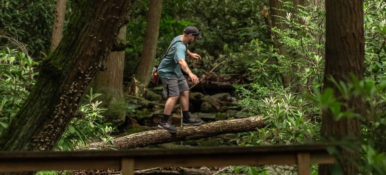 A man balancing on a log in forest