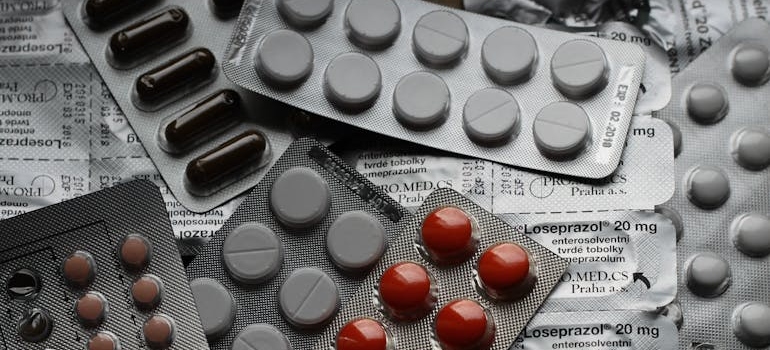 Blisters of numerous types of pills.