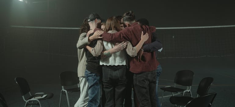 People in a support group hugging after discussing their issues with alcohol and anxiety.