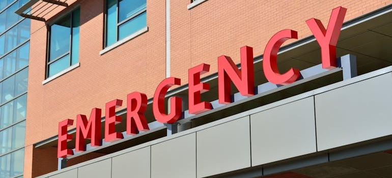 Emergency sign in front of a hospital.